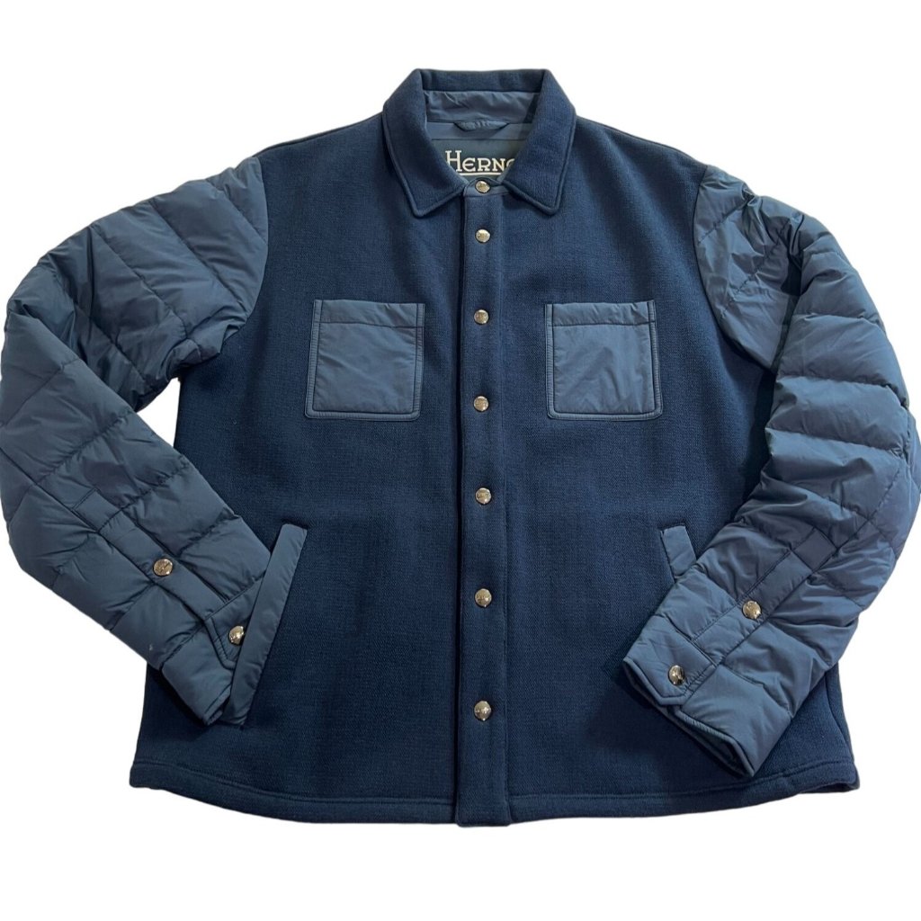 Herno Men’s Combo Jacket With Quilted Nylon Sleeves In Blue
